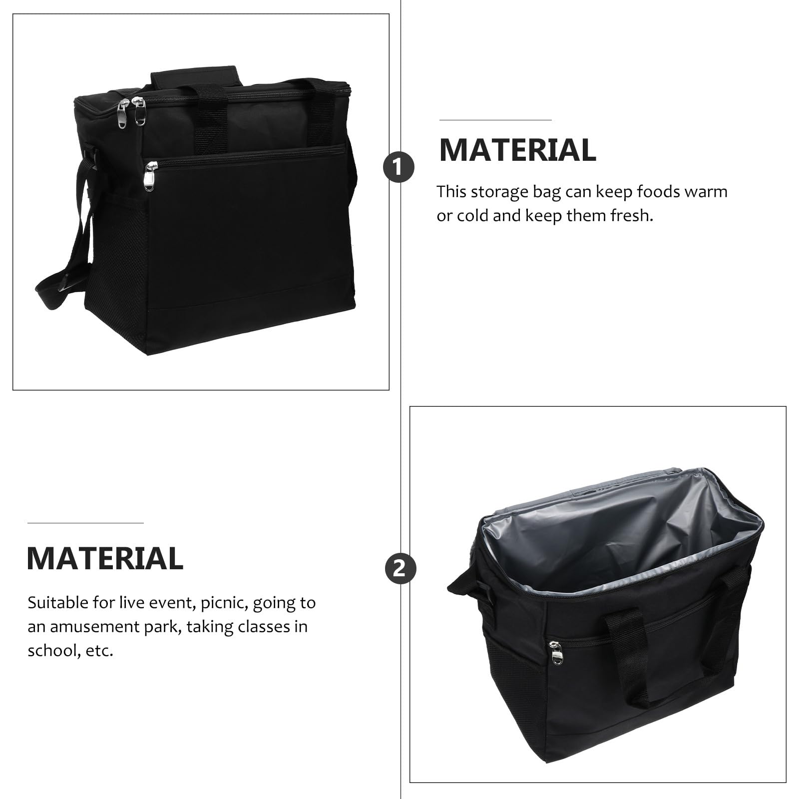 Große Thermotasche für Picknick und Schule Isolierte Lunch Tasche aus Oxfordstoff mit Aluminiumfolie Schwarz Hält Speisen Warm und Frisch