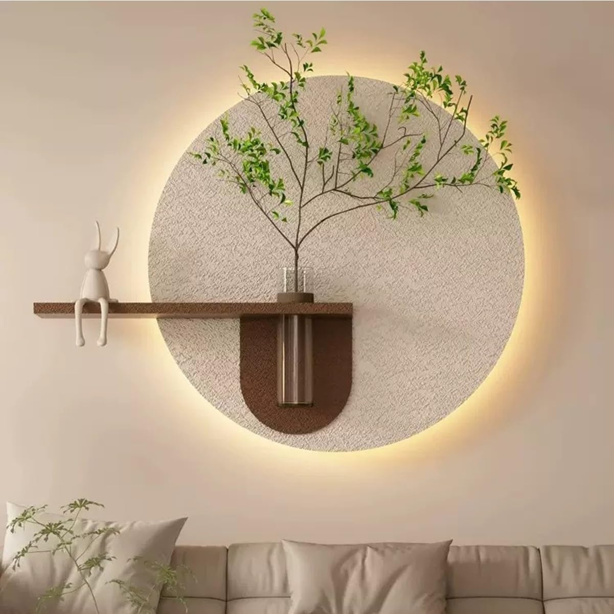 Cuadro Decorativo con Jarrón, Arte Mural De Arenisca, Escultura De Pared 3D Moderna con Plantas Artificiales Y Jarrón Transparente for Sala De Estar, Dormitorio, Oficina Y Entrada.(with Light)