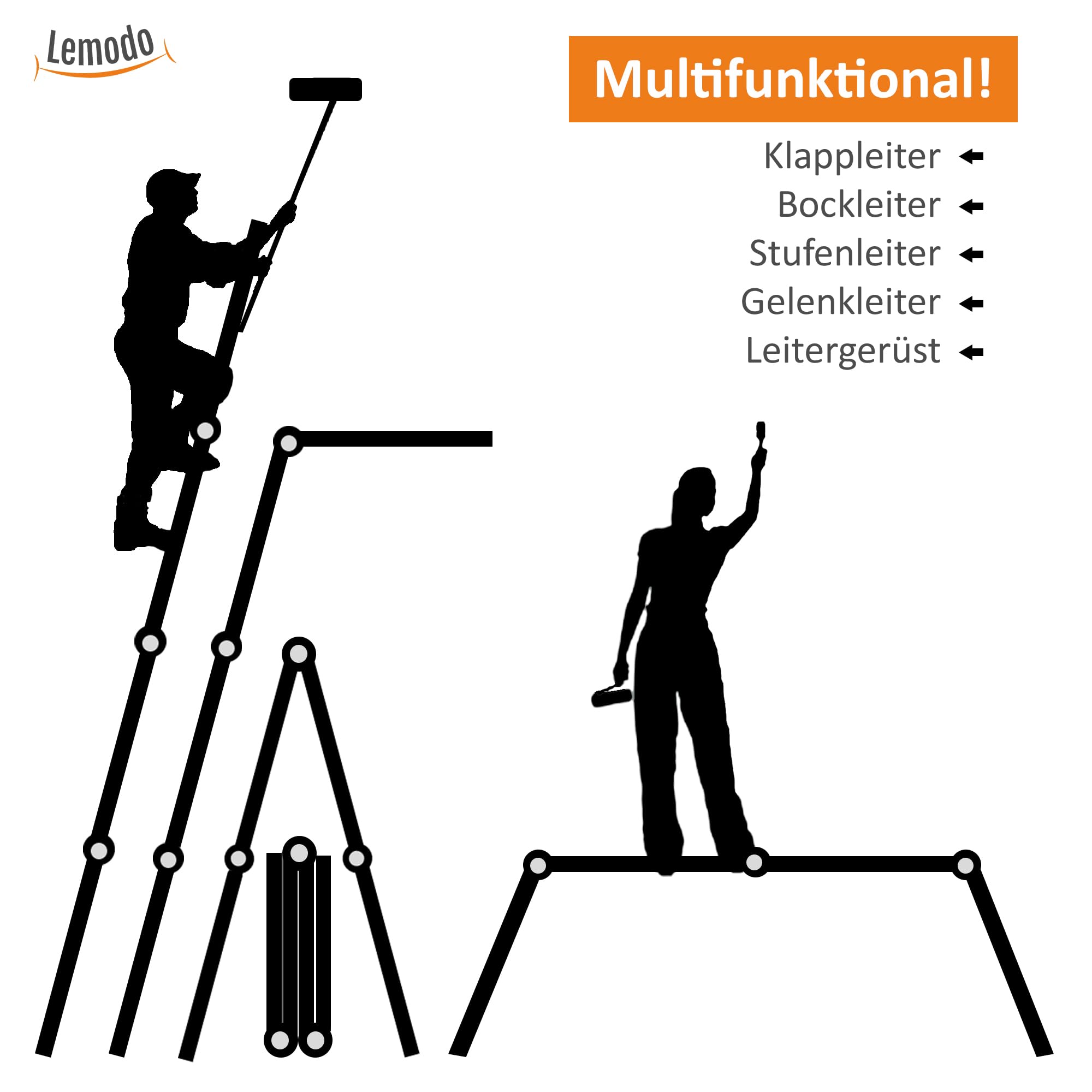 Alu Multifunktionsleiter | 12 Sprossen Leiter klappbar 4-teilig | 356 cm Länge | Gelenkleiter Leitergerüst Klappleiter Stehleiter Aluleiter Anlegeleiter Bockleiter | bis 150 kg