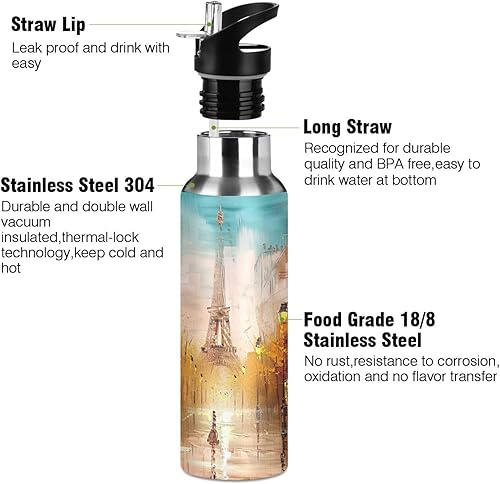Miniatura 3 de Insulated Water Bottle 20 Oz, BPA-Free Sport Water Bottle for Gym Outdoor Travel School, Painting Street Paris Eiffel