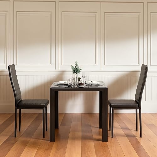 Vista 8 de Gizoon Juego de mesa de comedor de vidrio de 3 piezas, mesa de cocina y sillas para 2, conjuntos modernos de cuero PU para el hogar, cocina, sala