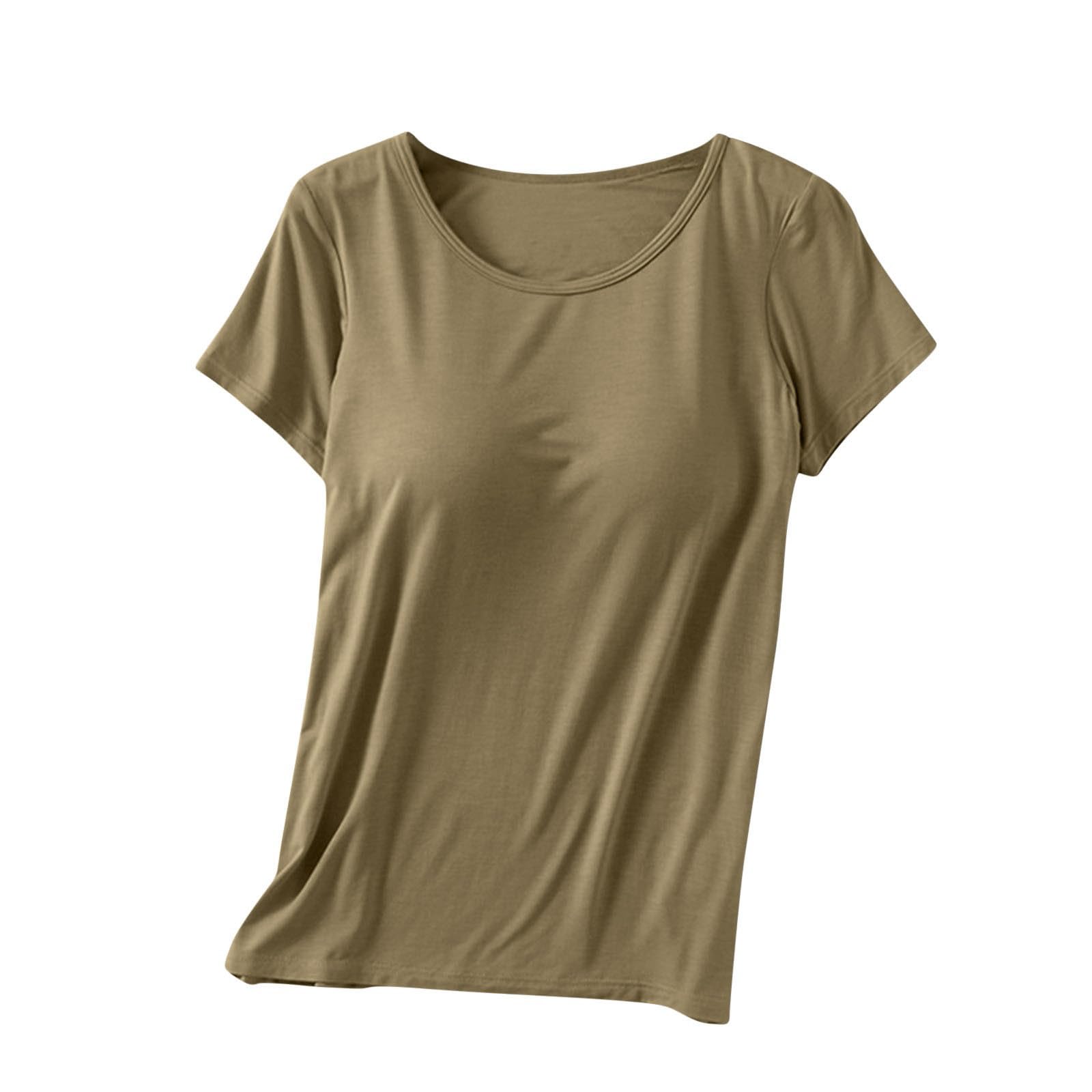 Womens Shirts with Built in Bra Short Sleeve Shirts Summer Casual Athletic Workout Yoga Shelf Bra Padded T Shirts Tops — view 23