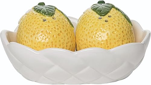 Juego de 3 saleros y pimenteros de cerámica con diseño de limones en celosía, color blanco y amarillo, 5 x 3 pulgadas