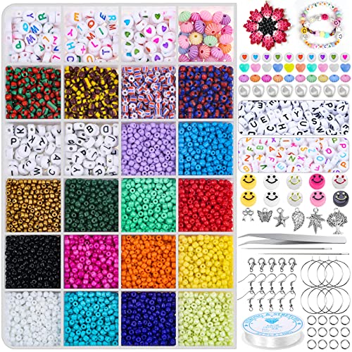 7740Stk Glasperlen und Buchstaben Perlen Smiley Perlen, Caffox 3mm 26 Stile Pony Perlen Rocailles Perlen Zum Auffädeln Cover