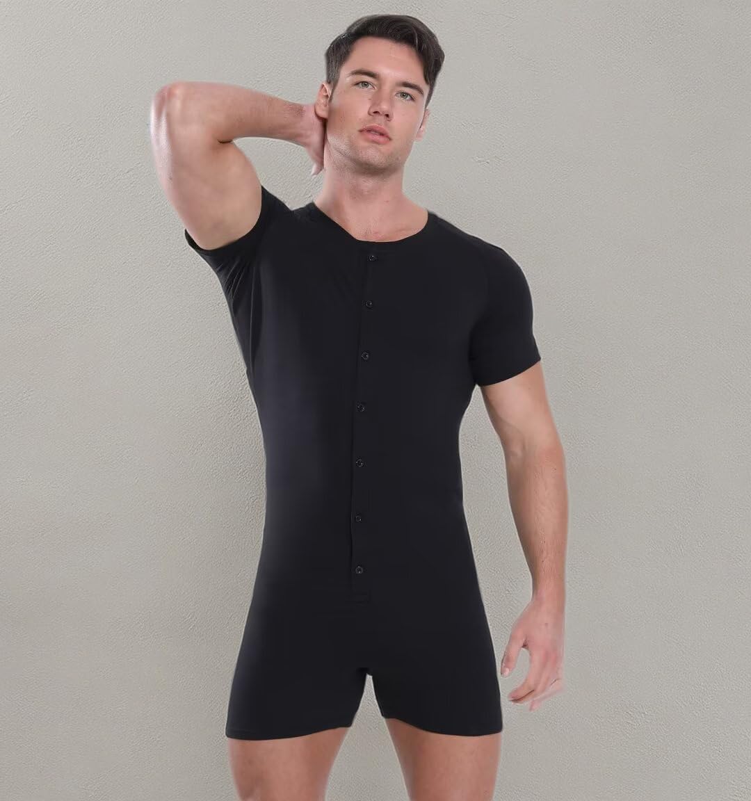 Landofgenie Mens Short Sleeve Onesie Bodysuit Henley Jumpsuit One Piece Pajamas Rompers - Image 6