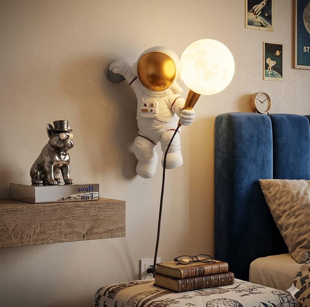 Moon☆ Astronaut Wall Light with Glowing LED Moon | 3-Color LED Kids