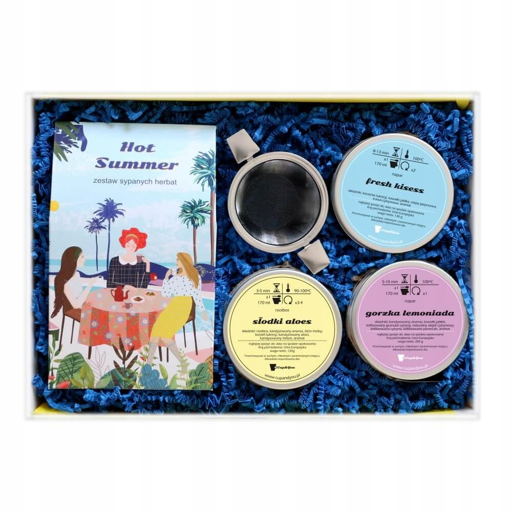 Letni box prezentowy HOT SUMMER - zestaw letnich herbat z zaparzaczem, herbaty: rooibos SŁODKI ALOES, ziołowa FRESH KISSES, owocowa GORZKA LEMONIADA
