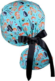 Scrub Cap for Women and Men, Ponytail Scrub Caps, Working Hat, Head Cover with Ribbon Ties and Buttons, Long Hair