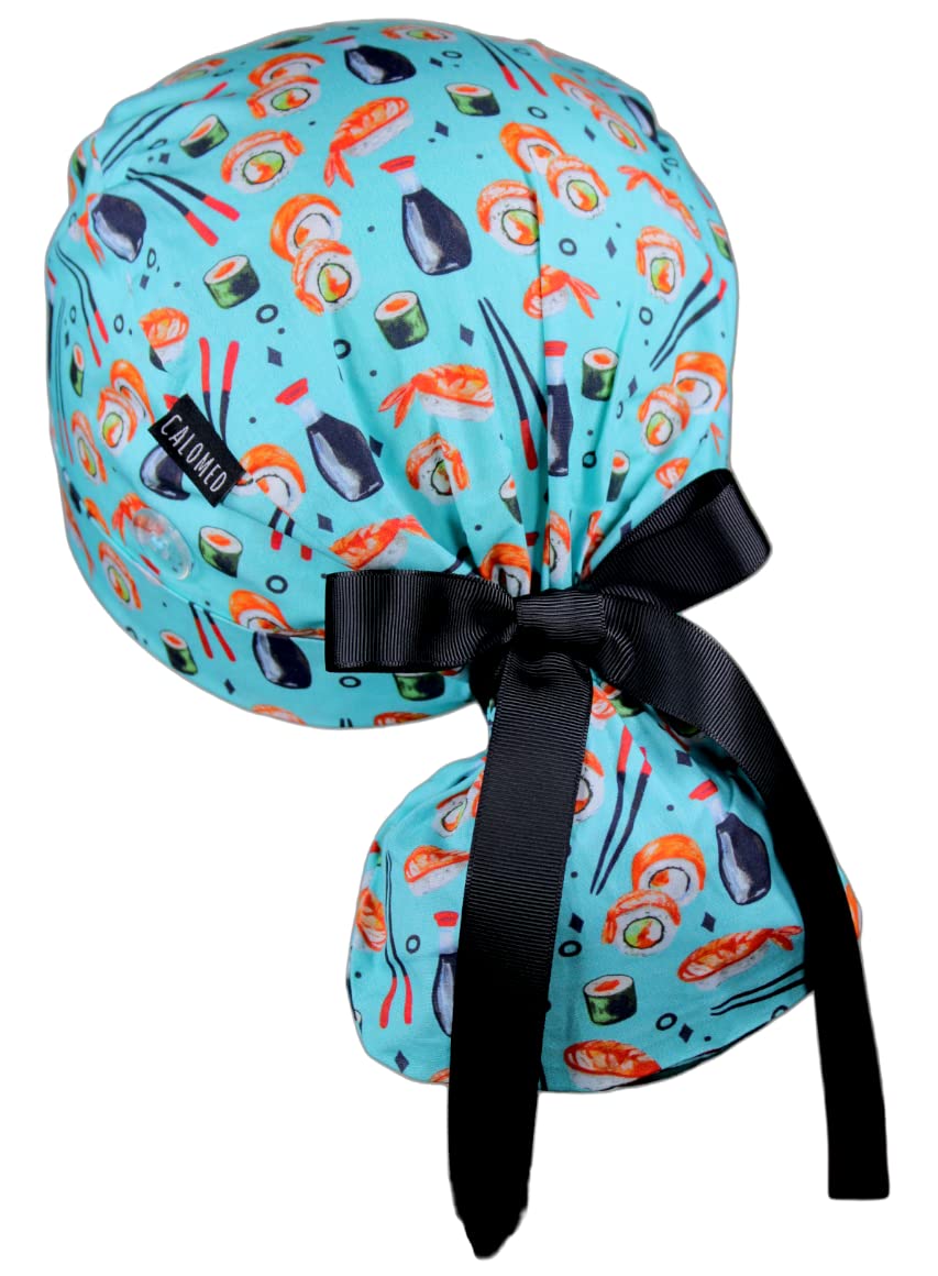 Scrub Cap for Women and Men, Ponytail Scrub Caps, Working Hat, Head Cover with Ribbon Ties and Buttons, Long Hair