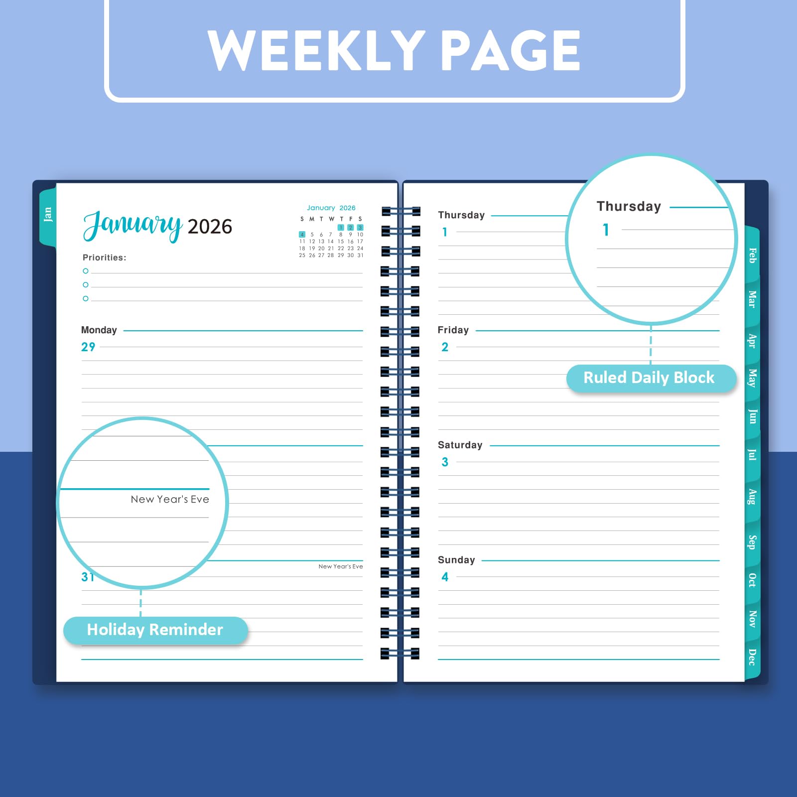 2026 Planner - planner 2026, January 2026 - December 2026, 6" x 8.4", 2026 Planner Weekly and Monthly Flexible Cover, A5 Thick Paper, Twin-Wire Binding, Blue