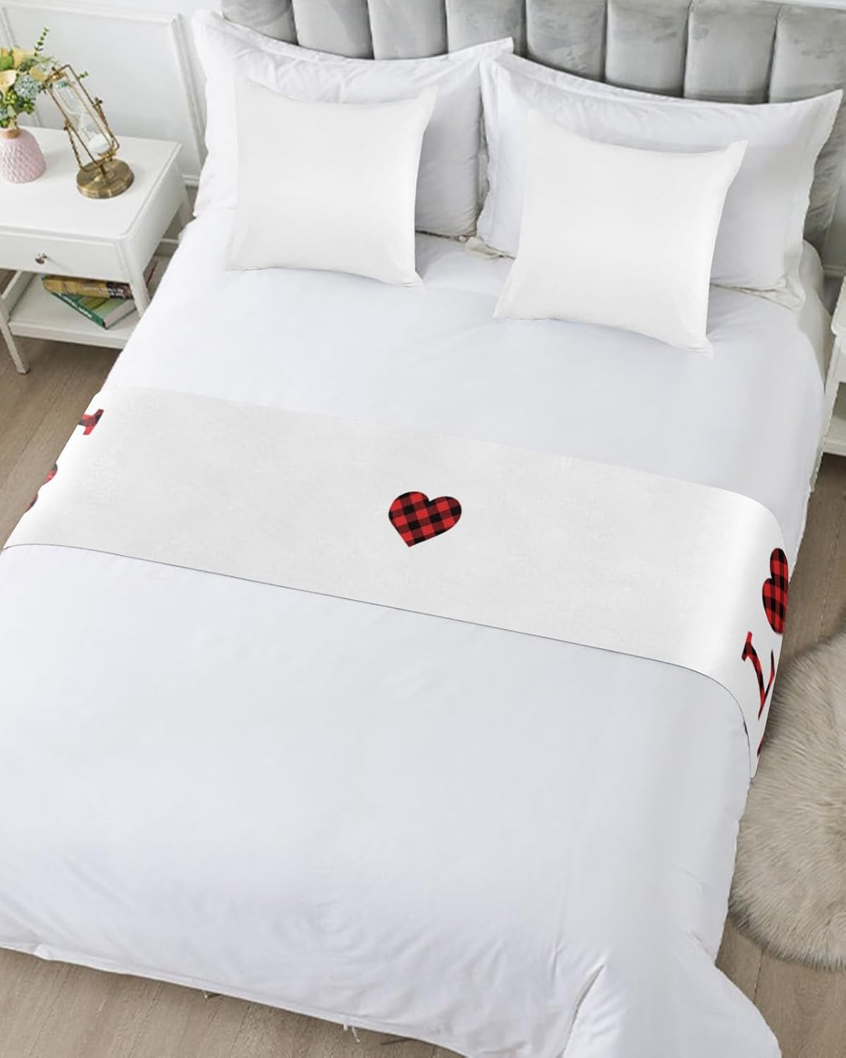 Smile Sunflower Bed Runner Scarf Love Red Plaid White Background Bedding Scarf Decorative Bed Runners Cover for Home Bedroom Hotel Wedding Room Bed Scarf for Foot of Bed Full 83x20in