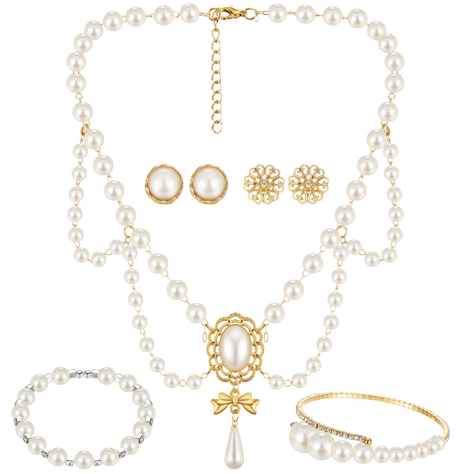 Glenmal Pearl Rhinestone Jewelry Set for Women Pearl Necklace Bracelet Earrings for Wedding Birthday Bridal Shower Tea Party