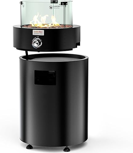 Onlyfire - Chimenea desmontable de alta calidad con rocas de lava, protector de viento de vidrio y ruedas, chimenea de gas propano sin humo con