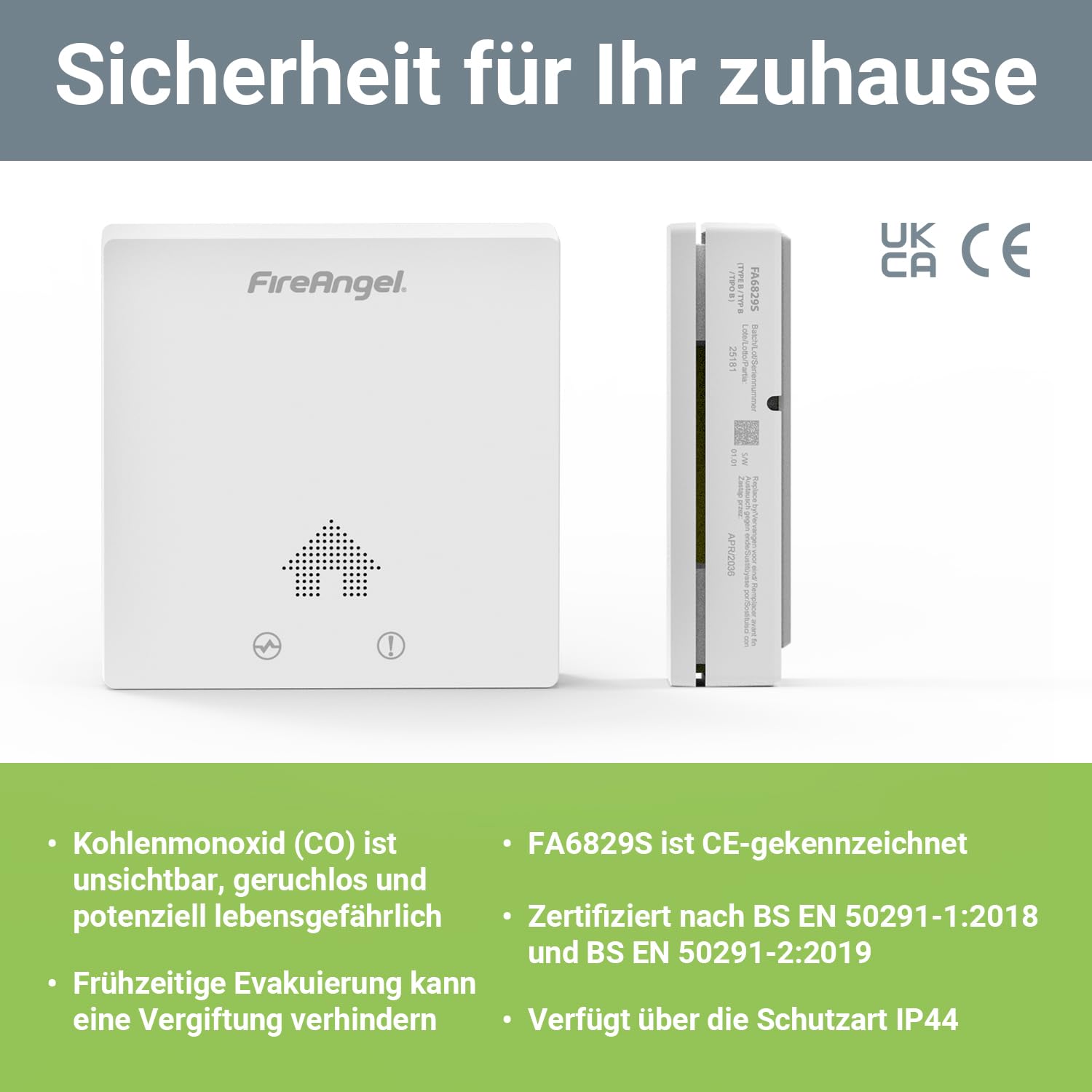 FireAngel FA6829S Ultra Slim Kohlenmonoxidmelder 10 Jahres Batterie - CO-Melder für Zuhause, Urlaub, Wohnwagen, Camper - CO-Warner - Weiß