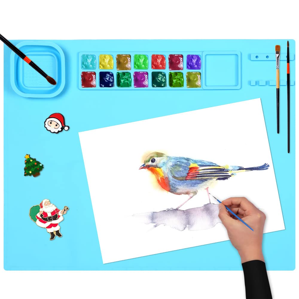 Silicone Craft Mat, 20×16 inches Painting Board Clay Mat,with Cup and Paint Holder,Multifunctional Silicone Sheets Creater Mat with Paint Dividers for DIY (Blue)