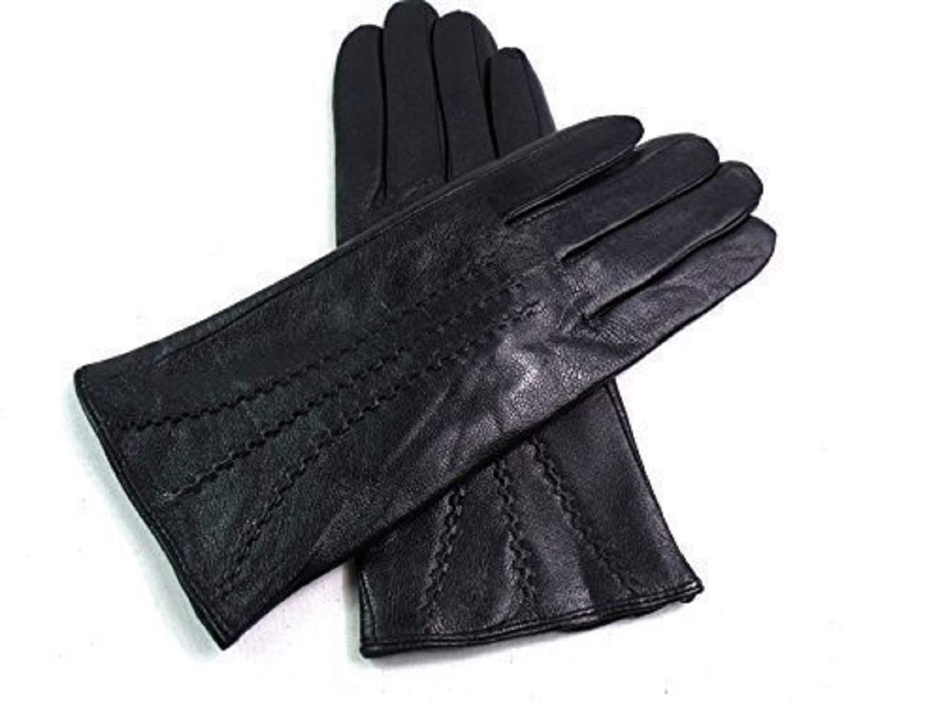 Le Women's Black Real Leather Stripe Detail Gloves (Large, )