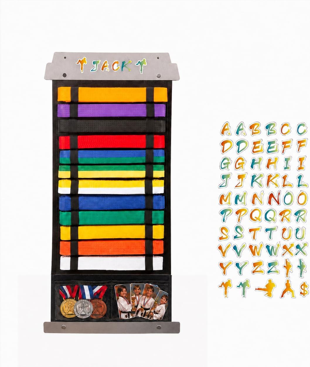 12 Belt Karate Belt Display Rack with Photo & Trophy Shelf | for Adults, Wall Hanging, BJJ, TKD, Jiu Jitsu, Clear Pockets, Martial Arts Storage
