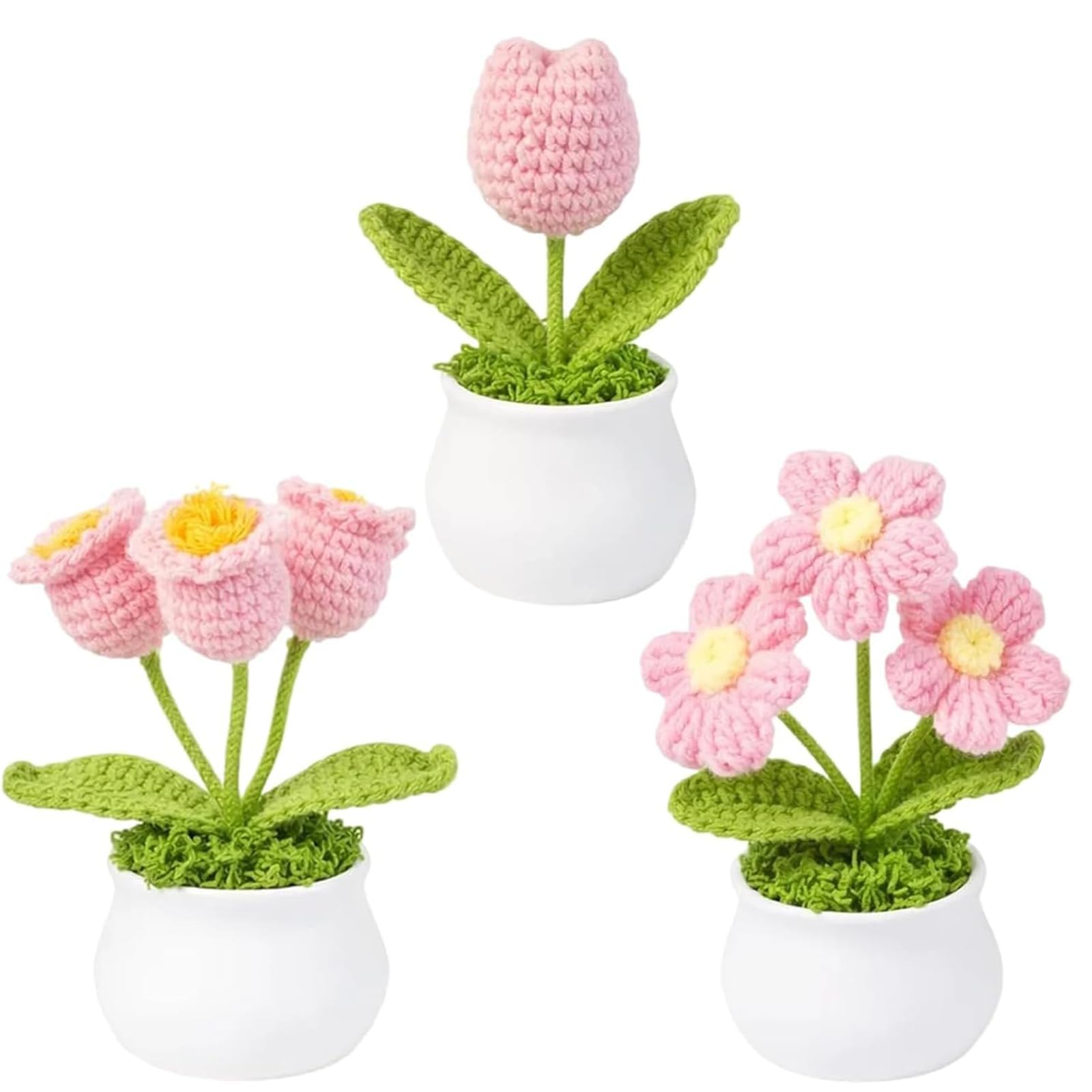 DNTHYRIN 3Pcs Pink Knitted Flowers & Crochet Flowers Bouquet, Crochet Flowers, Handmade Artificial Flower Decor for Home Decoration & Gifting