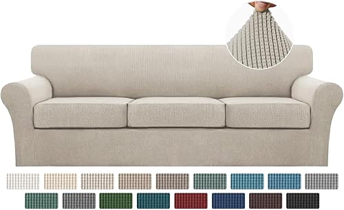 Miniatura 72 de Turquoize Fundas de sofá de 4 piezas para sofá de 3 cojines, funda de sofá suave para perros, fundas de sofá lavables con 3 fundas de cojín Biscotti