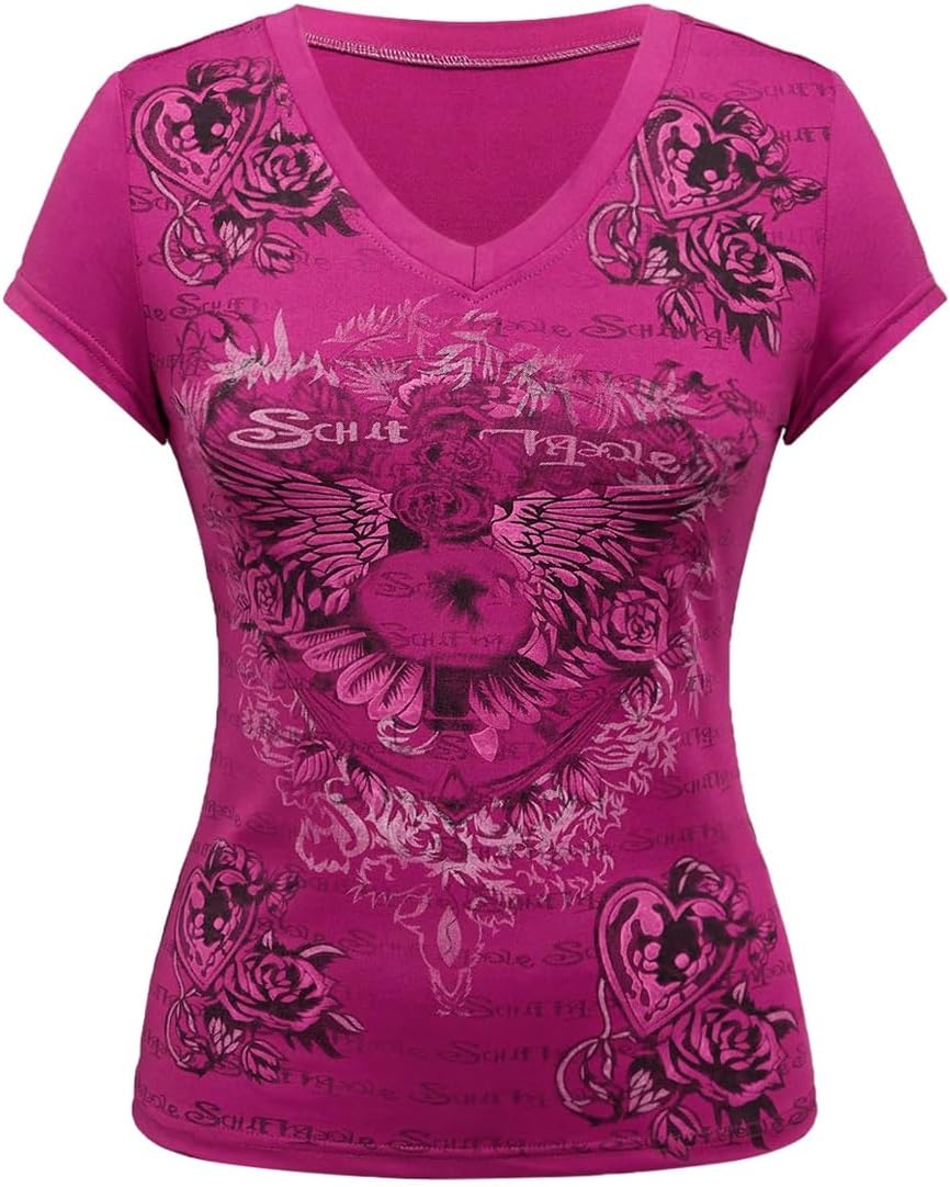 SOLY HUX Women's Graphic Tees Y2k Gothic Vintage Tops V Neck Short Sleeve Summer T Shirt Streetwear