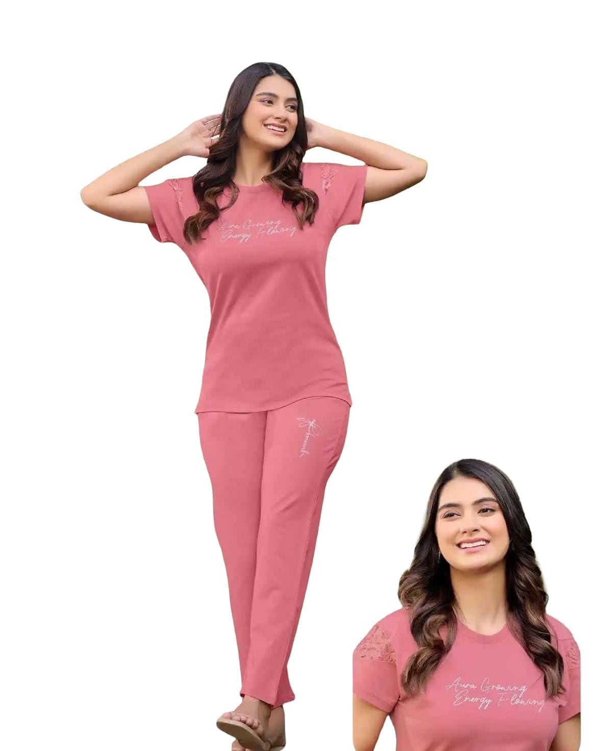 LUVIT Platinum Women's Tencel Night Wear Set, Short Sleeve Top with Pants, Size M