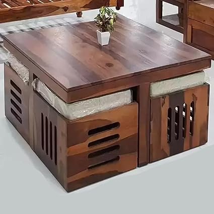 HANDWOOD FURNITURE Premium Sheesham Wood Coffee Table for Living Room | Solid Wood Coffee Table, Center Table, Tea Table | Wooden Coffee Table with 4 Stool |Best Furniture for Home |Teak Finish