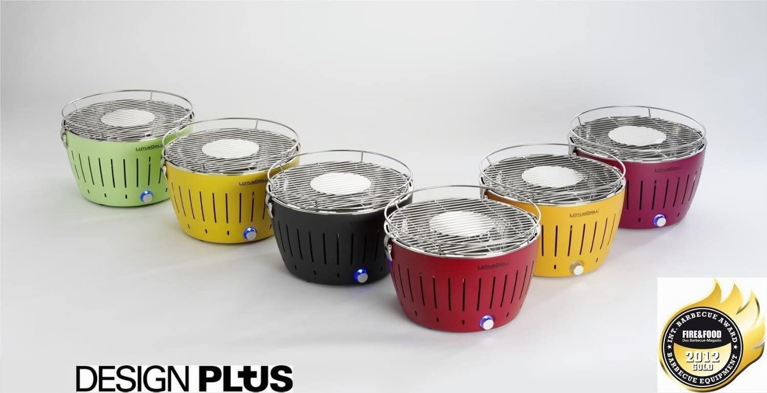 LotusGrill Kit de Démarrage 1x LotusGrill Vert limette 1x Charbon de bois de hêtre 1kg,1x Pâte brûlante 200ml,1x Pinces à saucisses Rouge,1x sac de Transport le barbecue à charbon de bois sans fumée/