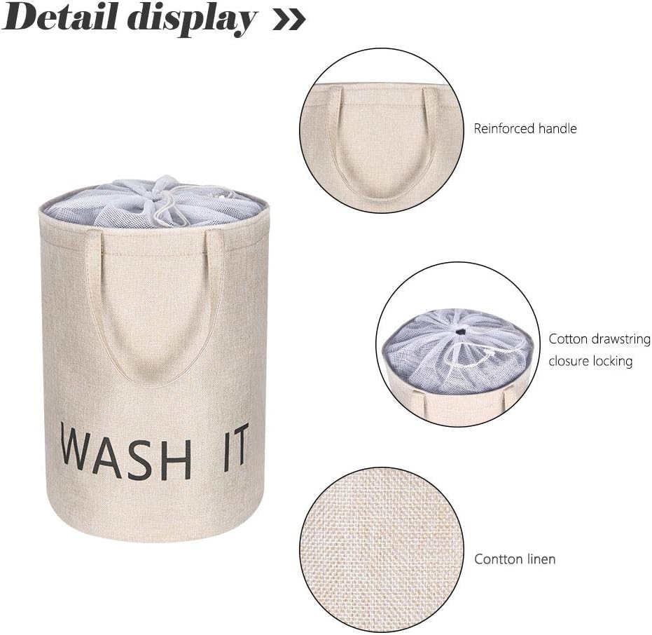 Zeroomade Laundry Basket Clothes Hamper Collapsible Cotton Linen Thickened Elastic Coating Durable Dirty Clothes Large Storage Laundry Bag Organizer Round (Beige M)