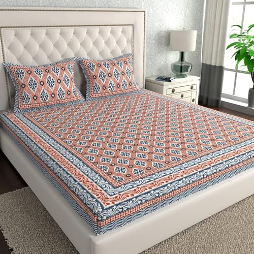 Image of La Verne 140 TC 100% Cotton King Size Jaipuri Rajasthani Print Bedsheet with 2 Pillow Covers (Peach)