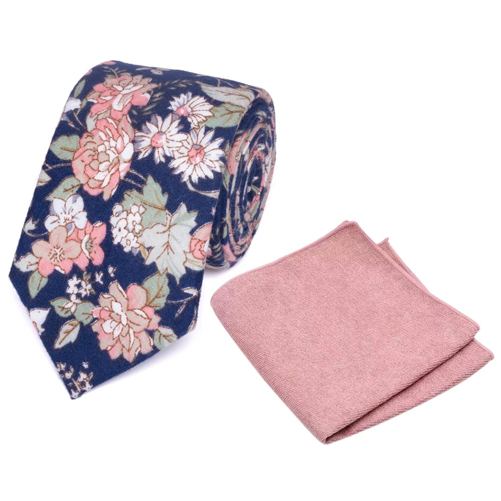 Db Dickie Bow Men's Blue & Pink Floral And Dusty Pink Floral Luxury Cotton Skinny Neck Tie & Pocket Square Set (Blue & Pink Floral And Dusty Pink) - Suitable For Formalwear, Office, Weddings, Parties, Grooms & Grooms Outfits