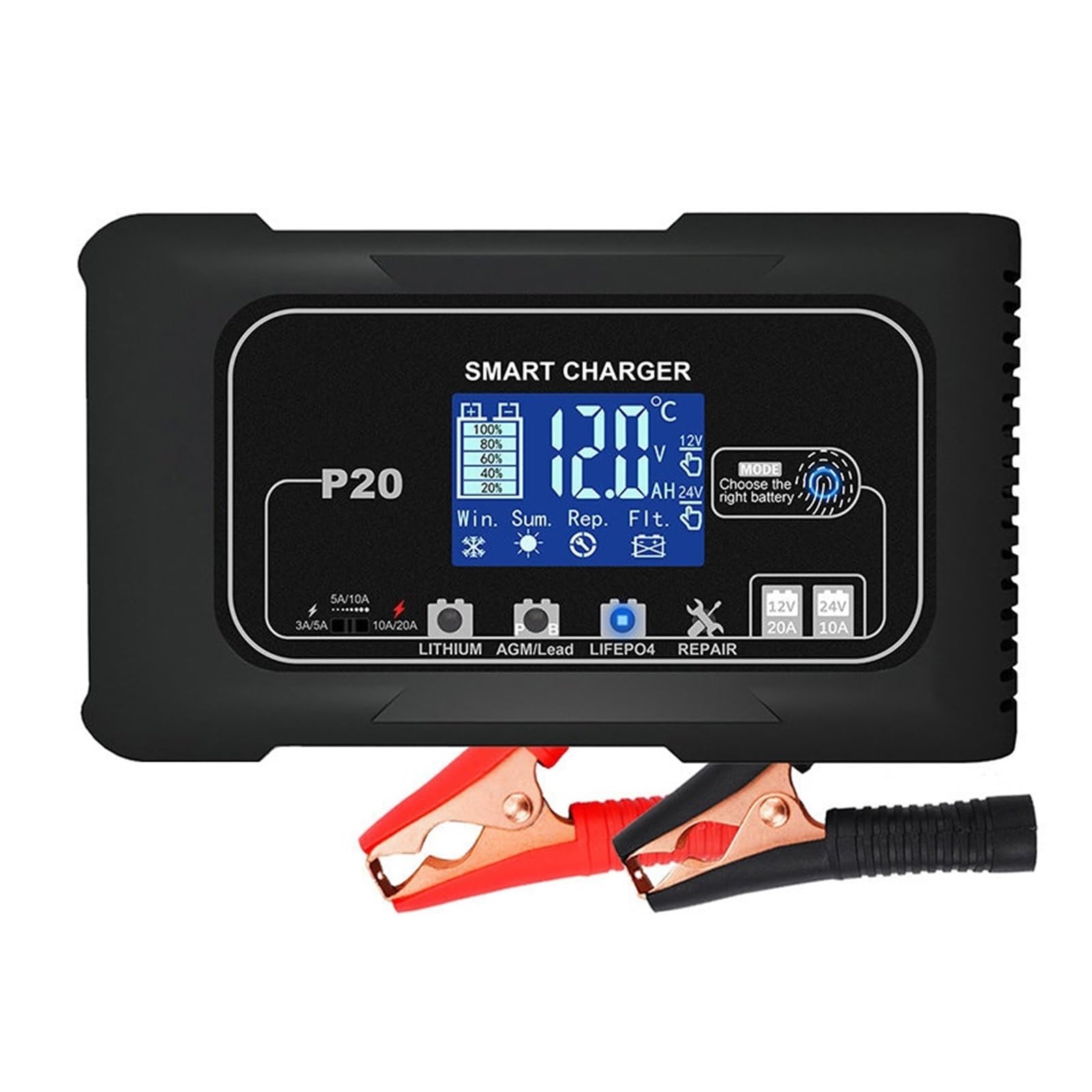 Cargador De Batería Inteligente 10/15/20A 12V/24V LCD Carga Reparación Pulso Automático For Coche Moto Litio Plomo-ácido Potente Carga Rápida(10A 20A)