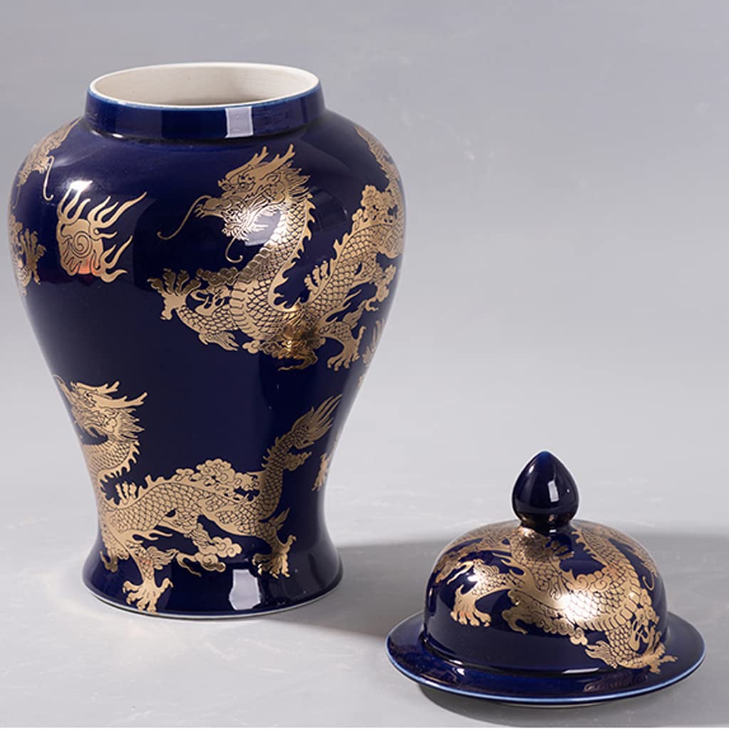 ZHOUXIAO Chinesische Tradition Ingwerglas-Vasen mit Deckel und goldenem Drachenmuster, Porzellanglas, große Keramik-Tempelglas-Vase, Handwerk mit Deckel, dekorativ für Heimdekoration, Schwarz, M