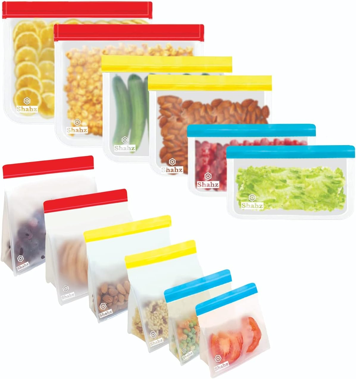 SHAHZ Reusable Ziplock Bags with Leakproof Ziplock Tops, 12 PCS Ideal