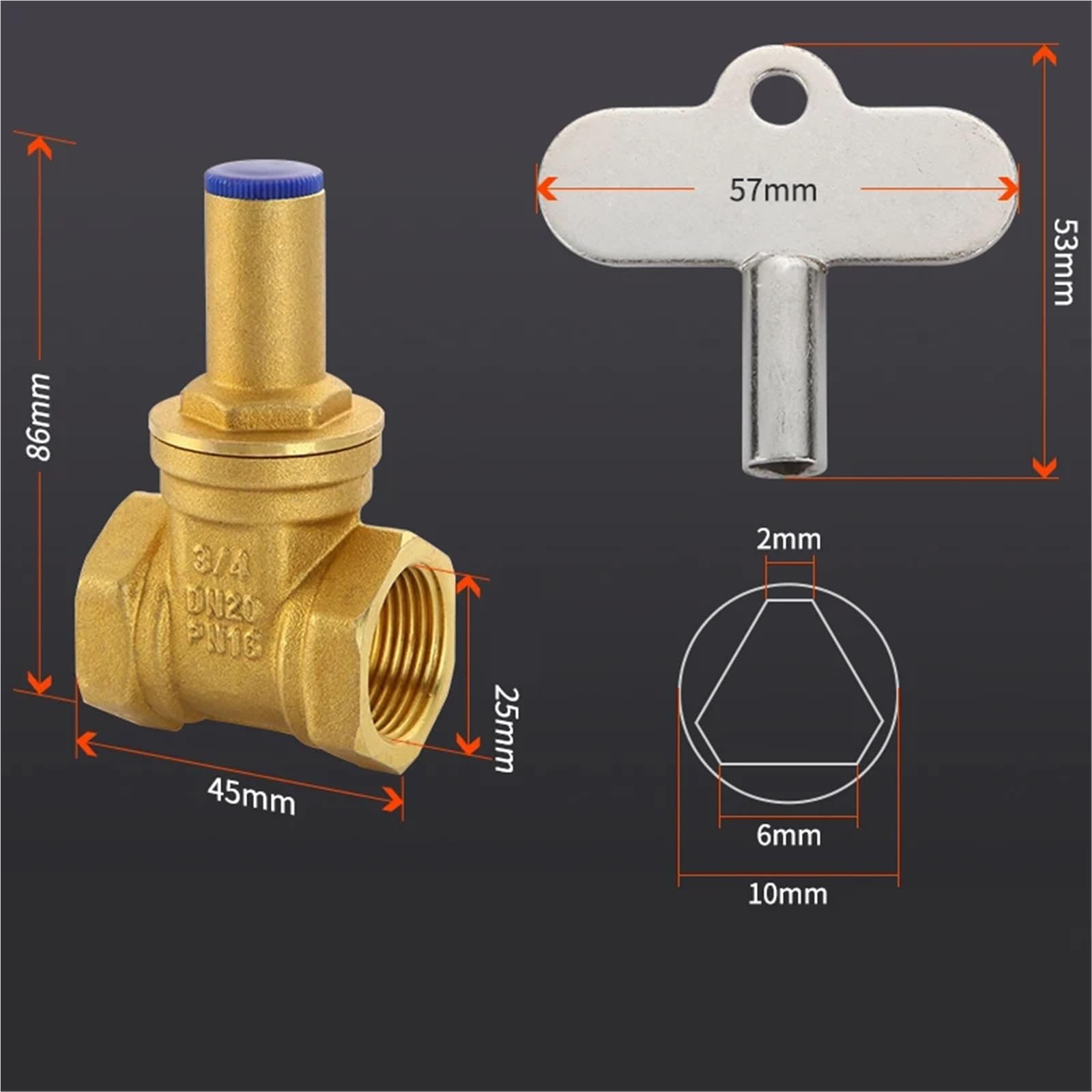 1 valvola a saracinesca in ottone da 1,3 cm, 1,9 cm, 2,5 cm, con serratura a triangolo, interruttore a chiave, valvola dell'acqua DN15 DN20 DN25 per contatore dell'acqua, valvola di blocco antifurto