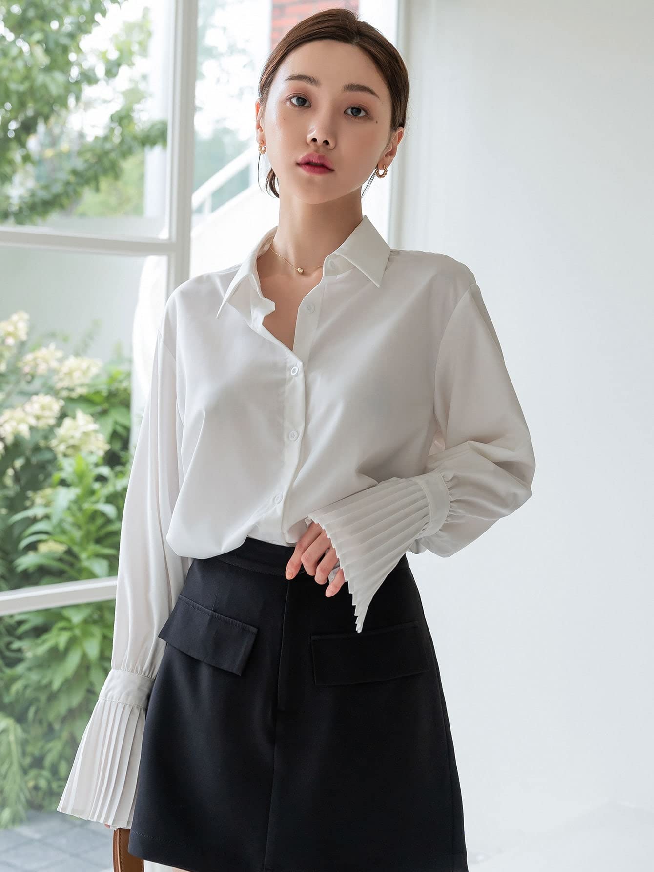 Amazon.com: Womens Long Sleeve Blouse Solid Curved Hem Pleated 