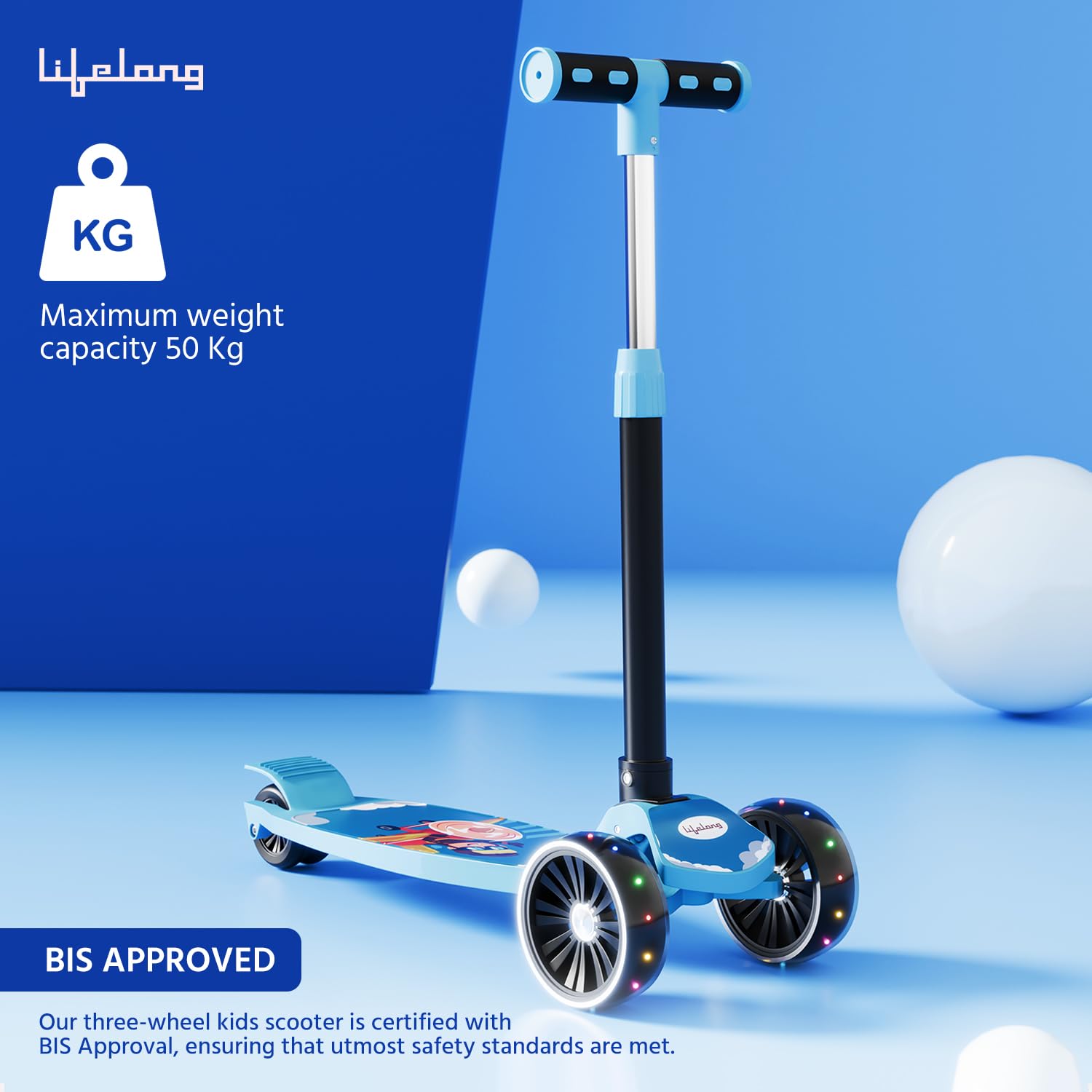 Lifelong Foldable Kids Kick Scooter with LED Wheels & Adjustable Height - Capacity 50kg- for Baby 3+ Year Old boy & Girl - Skate, Blue — Amazon image 8