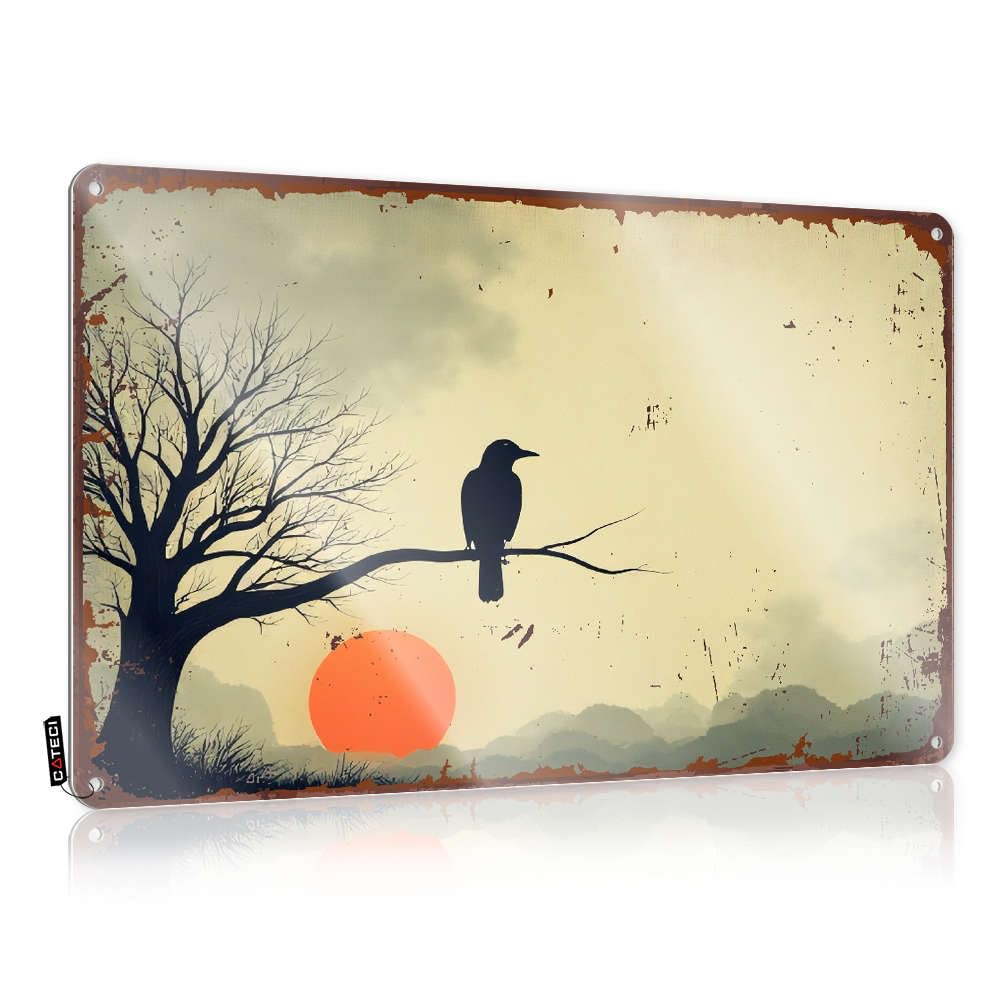 Fzfn Colour A Silhouette Of A Crow Perched On A Bare Tree Branch Against Outdoor Bar Decor Faded - Signs Ideas Vintage Wall Art(20X30cm)