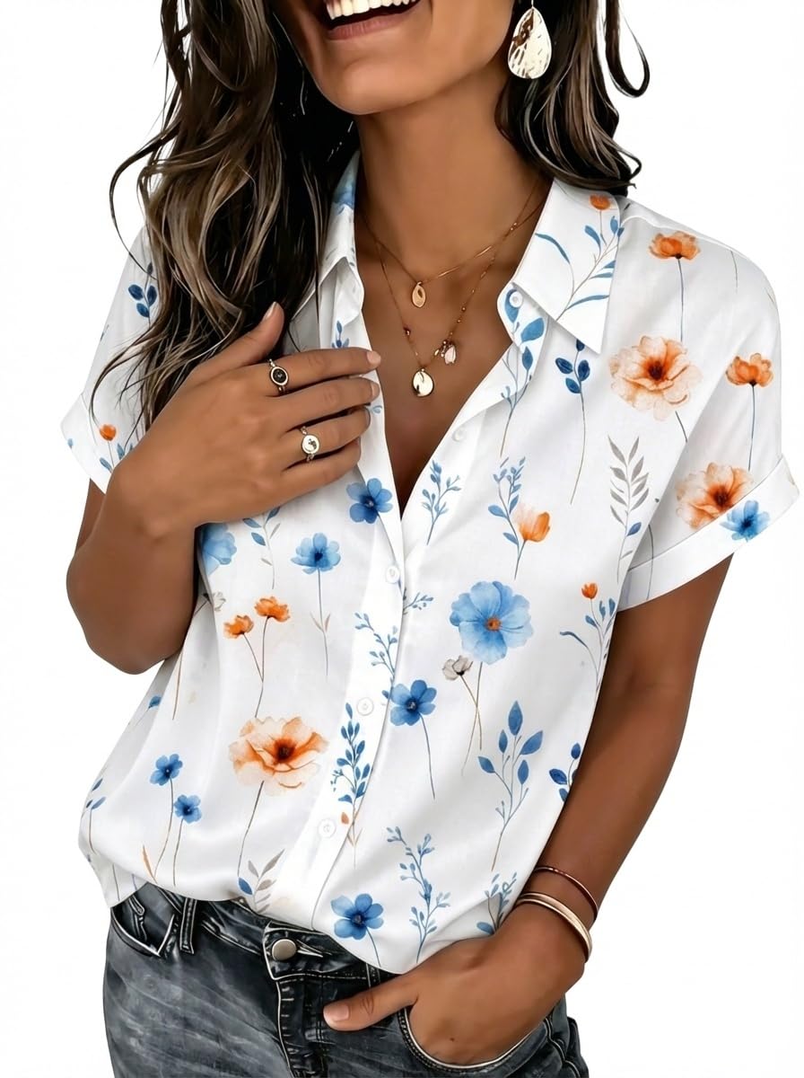 Zeagoo Summer Tops for Women Short Sleeve Button Down Shirt V Neck Blouse Global Recycled Standard Global Recycled Standard Global Recycled Standard