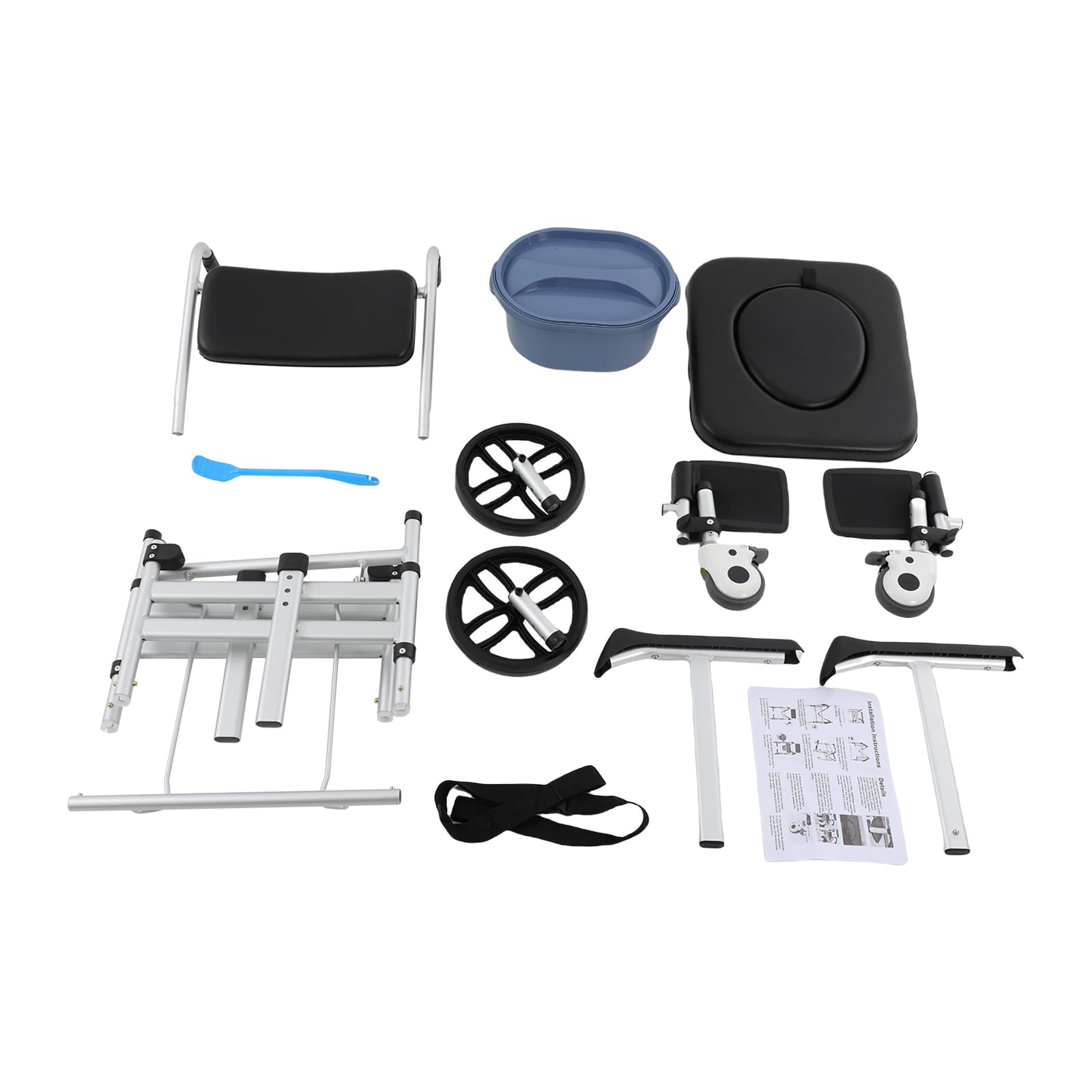 Sedia WC indipendente in alluminio con ruote, portata fino a 150 kg, altezza regolabile 46-51 cm, sedia a rotelle per il bagno, sedia a rotelle per anziani e disabili