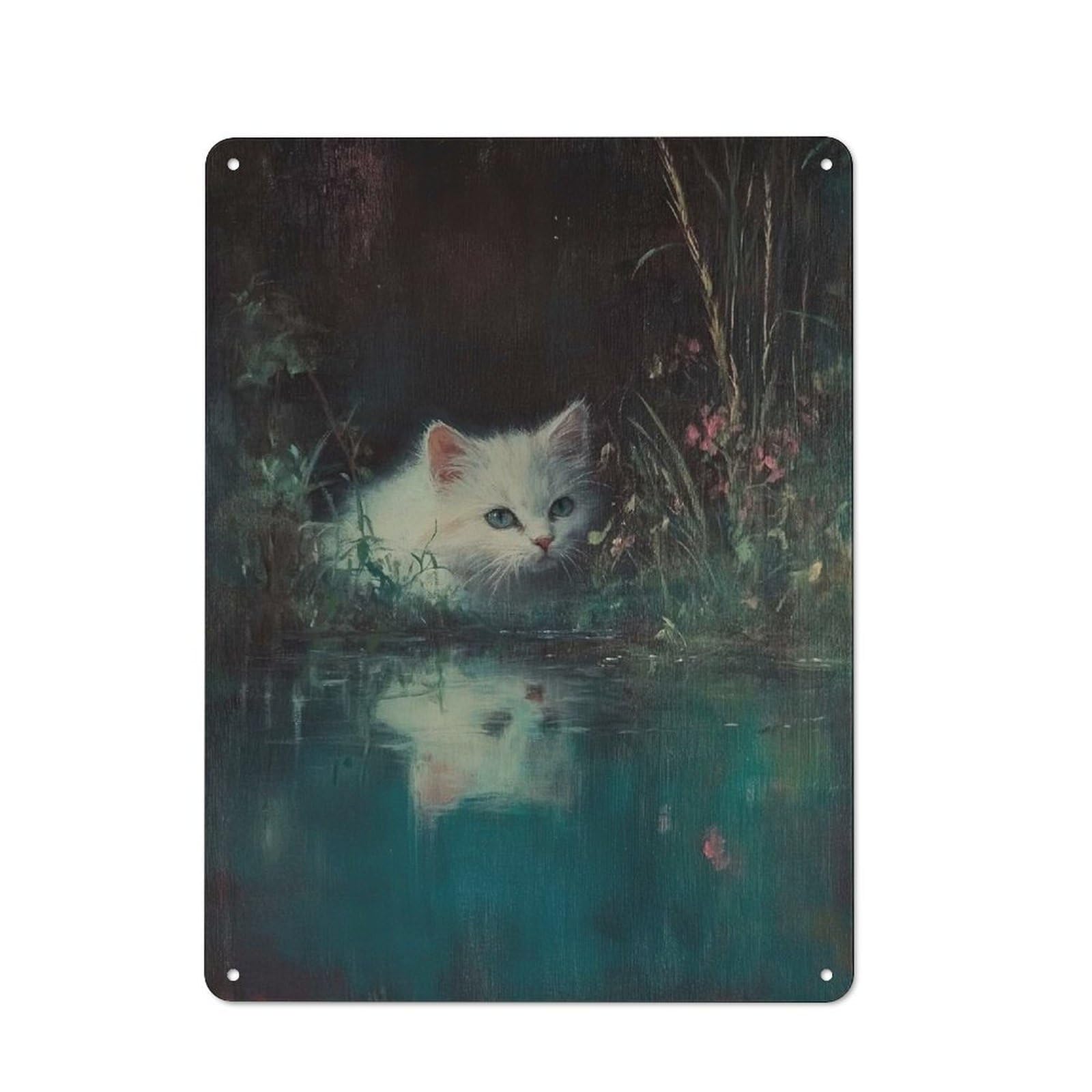 Nostalgic Decorative Tin Sign 40x30cm Featuring White Kitten by The Pond, Old Style Wall Plaque for Kitchen, Hallway, Bar Or Small Cafe