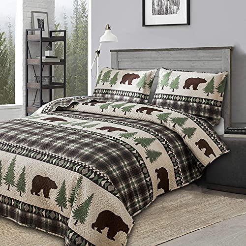 Jessy Home Quilt Set Queen Size Rustic Lodge Plaid Quilt Bed Spread Country Cabin Brown Bear Bedding Lightweight Reversible Quilts Home Bedspread Coverlet With 2 Pillow Shams thumb #2