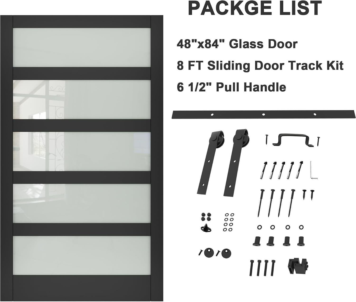 48" x 84" 5-Lite Tempered Frosted Glass Barn Door with 8 FT Sliding Hardware Kit & Handle, Solid Core Wood Sliding Barn Door with Excellent Privacy Protection, Simple DIY Assembly Required, Black