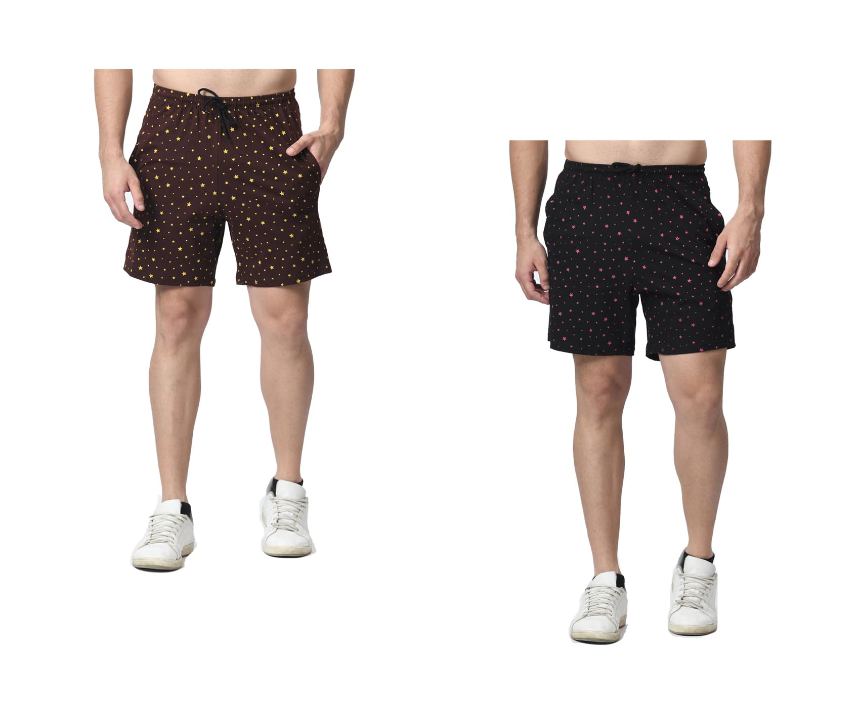Men Cotton Star Printed Regular Bermuda Shorts (Pack of 2) Brown,Black-image-40