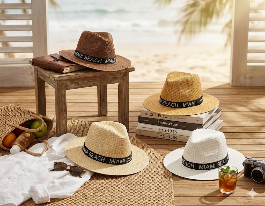 Miami Beach Straw Panama Hat, Wide Brim Fedora, Summer Sun Hat, Natural & White