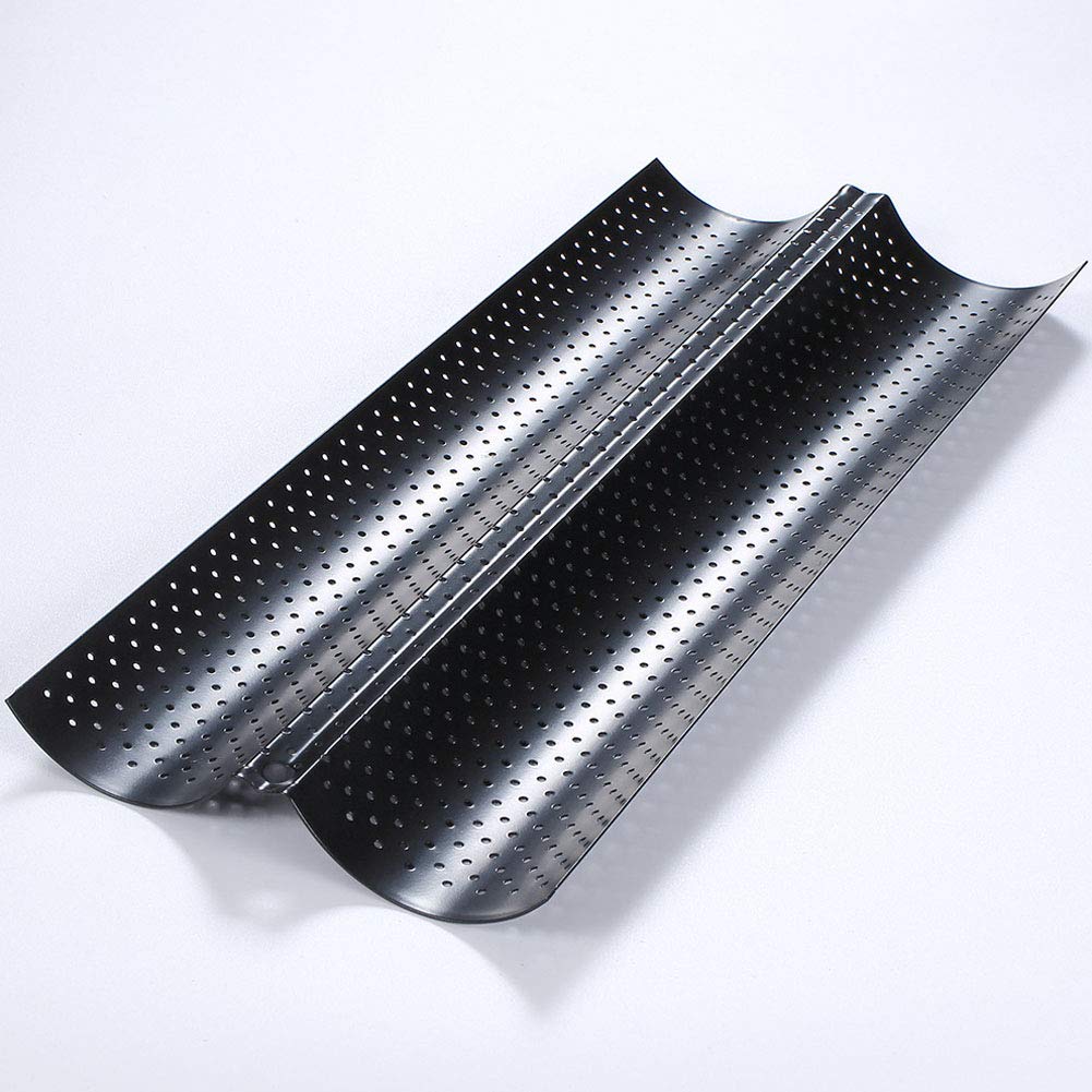 Baguette Baking Tray, Nonstick Wave Mould Fast and Evenly Heating, Perforated Baguette Kitchen Gourmet Making Pan, Baking Sheet, for French Bread, Stick Bread, Toast Maki(Black 2 Baguettes-2Pcs)