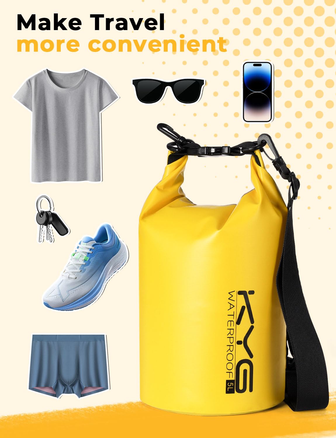 KYG Borsa Impermeabile, 2L/5L/10L Sacca Stagna in PVC, Saldata senza Cuciture – Leggera, Resistente e Galleggiante per Rafting, Trekking Fluviale, kayak, Spiaggia e Campeggio 5L Giallo
