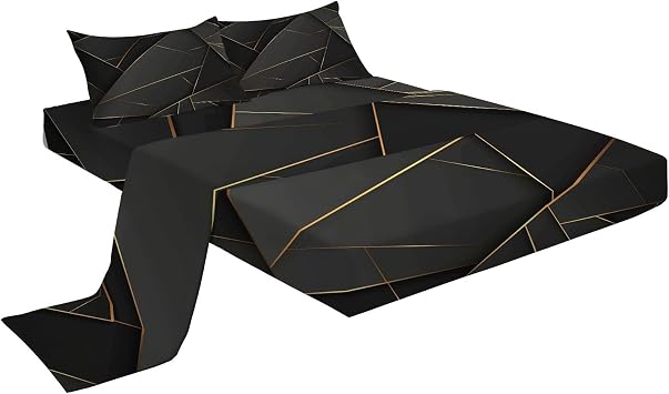 Queen Size 4 Piece Fitted Sheet Set - Comfy Fitted Sheet - Hotel Luxury Sheets for Women & Men - Deep Pockets, Easy-Fit, Extra Soft & Wrinkle Free Sheets - Black Gold Geometry Fitted Sheet Set