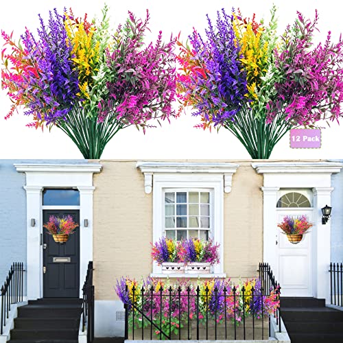 Sequpr 12 Bundles Artificial Lavender Plants Outdoor for Home Decoration, Fake Flowers Plastic for Wedding Kitchen Garden Window Box Porch Office Indoor Table Top Desk Potted Flowers (Multic