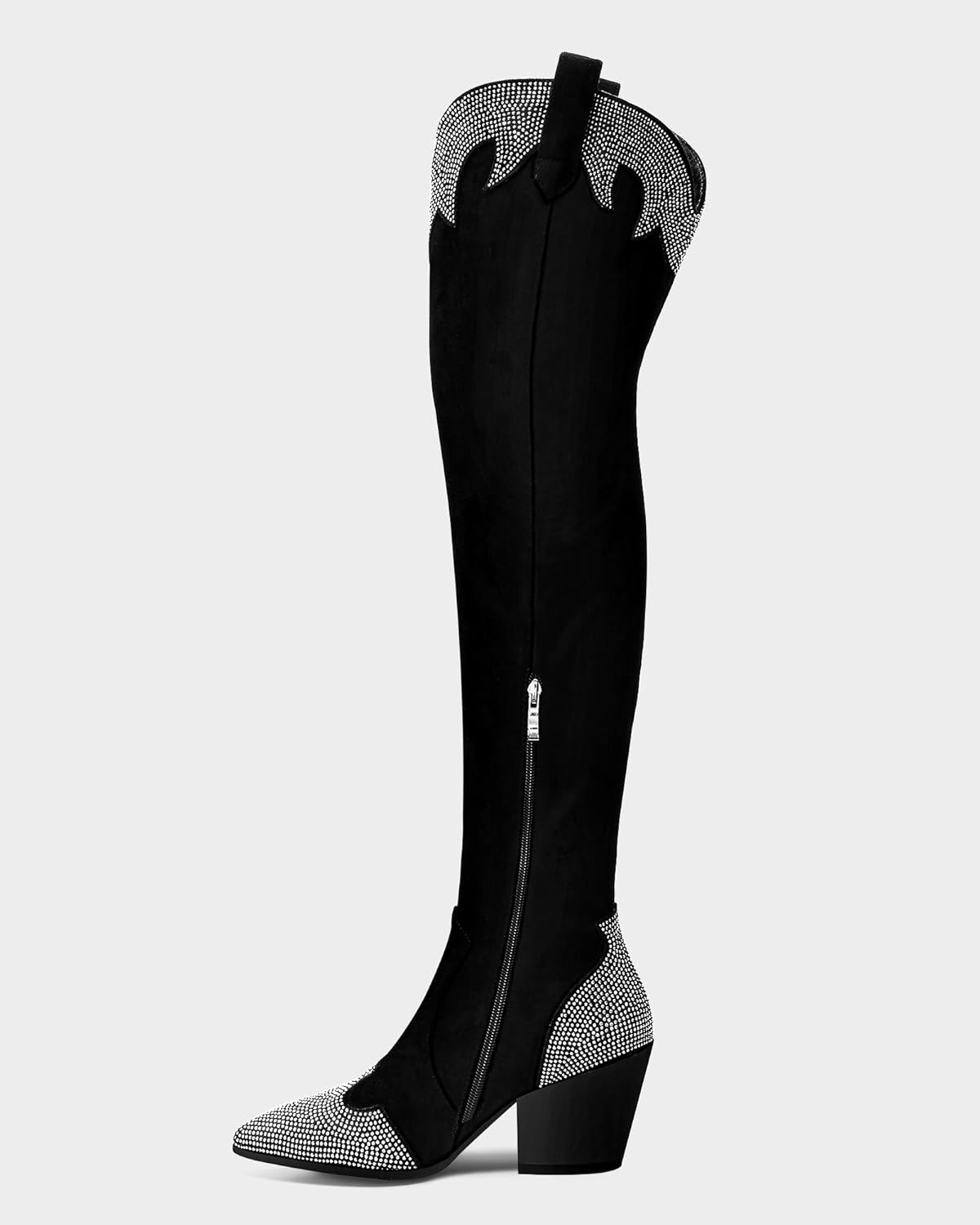 MUCCCUTE Cowboy Boots for Women Black Thigh High Boots - Fashion Cowgirl Over The Knee Boots with Rhinestone - Pointed Toe Chunky Heels Side Zipper Fall Tall Boots for Ladies - Image 3