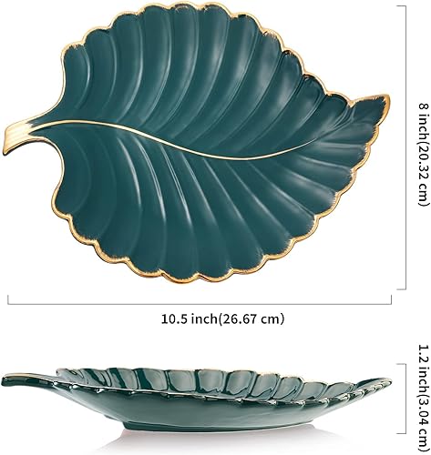 Miniatura 5 de Bandejas de cerámica para joyas, plato para anillos, plato de cerámica para dulces, plato en forma de hoja (verde negruzco, mediano)